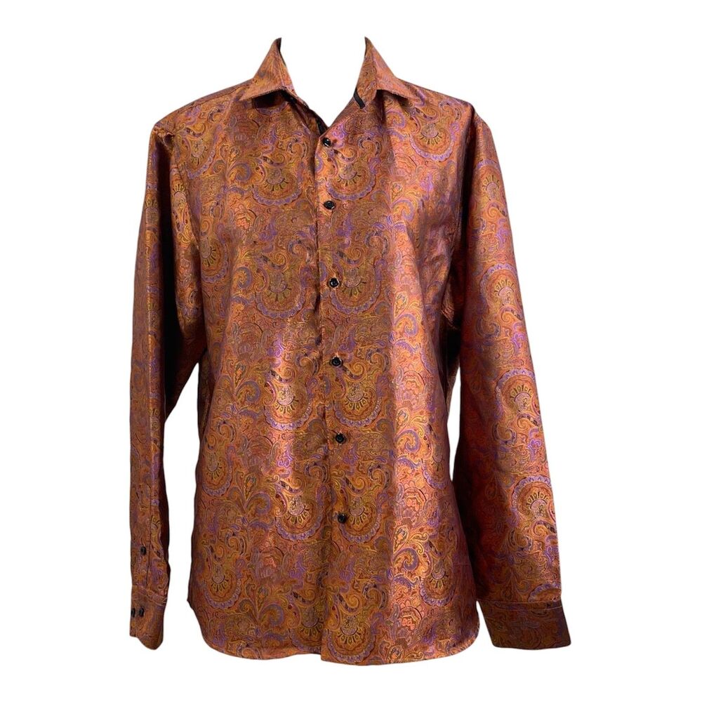Barry Wang Shirt Men Large Luxury Bronze Paisley Silk Long Sleeve Casual